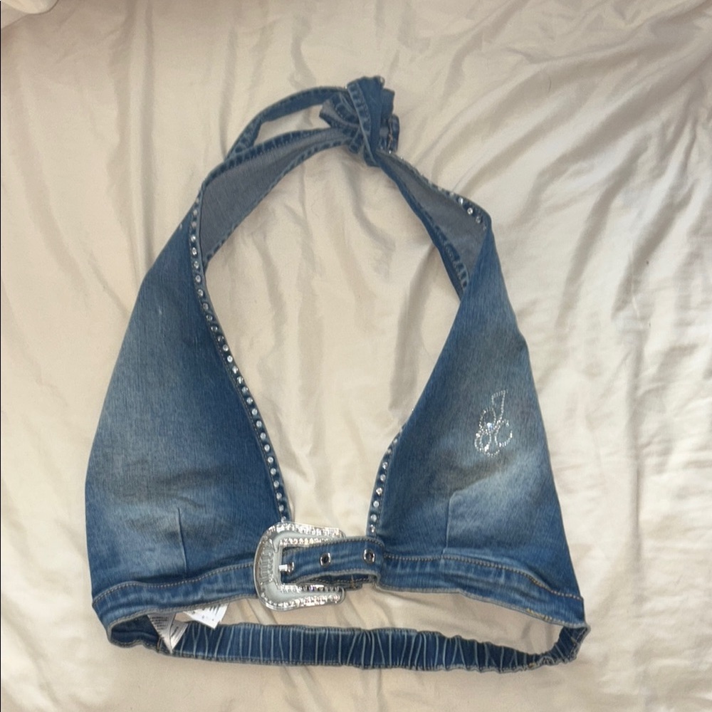 y2k cowgirl backless Blue Denim Halter Top